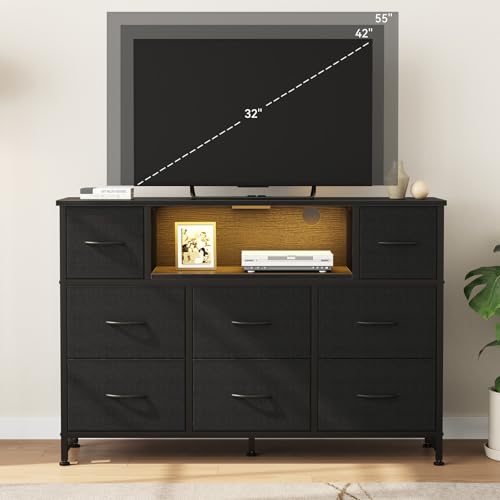 DUMOS LED TV Stand Dresser with Charging Station, Entertainment Center | Media Console for 45-55 inch TV, 8 Fabric Drawers, Open Shelf, Wooden Top, Living Room, Bedroom, Hallway, Black