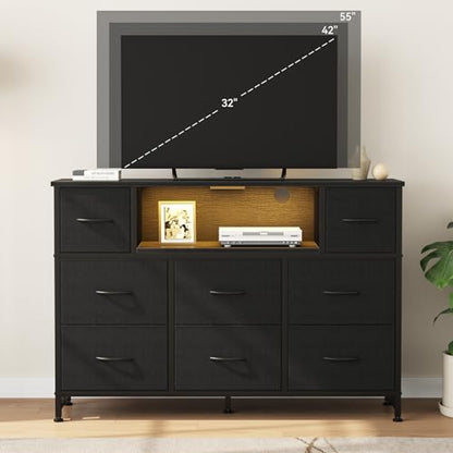 DUMOS LED TV Stand Dresser with Charging Station, Entertainment Center | Media Console for 45-55 inch TV, 8 Fabric Drawers, Open Shelf, Wooden Top, Living Room, Bedroom, Hallway, Black