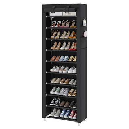 UDEAR 10-Tier Shoe Rack Organizer for Entryway with Dustproof Cover,Black | Free Standing,Shoe Shelf for Closet,Garage,Dorm,Large Capacity,Front Door Entrance, Vertical Tall Narrow Shoe Rack