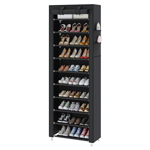 UDEAR 10-Tier Shoe Rack Organizer for Entryway with Dustproof Cover,Black | Free Standing,Shoe Shelf for Closet,Garage,Dorm,Large Capacity,Front Door Entrance, Vertical Tall Narrow Shoe Rack