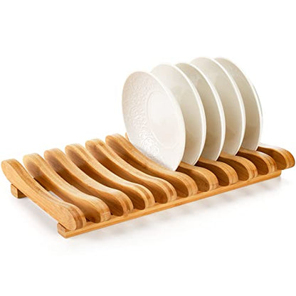 Bamboo Dish Drying Rack, 10 Slots Bamboo Cabinet Plate Stand Dish Drainer Wooden Plate Rack Pot Lid Holder Kitchen Dish Plate Storage Organizer for Countertop Cabinet