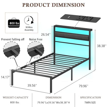Twin Bed Frames, Upholstered Headboard and Storage Shelf, Black | led lights, under-bed storage, no box spring, easy assembly, sturdy steel frame, USB+Type-C+AC ports, app & remote control