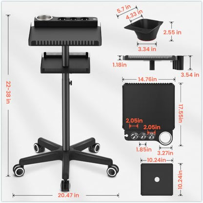 TASALON Professional Hair Extensions Organizer Cart Metal Salon Tray Cart with 2 Magnetic Bowls, Hair Dryer Holder, Adjustable Rolling Base, Black