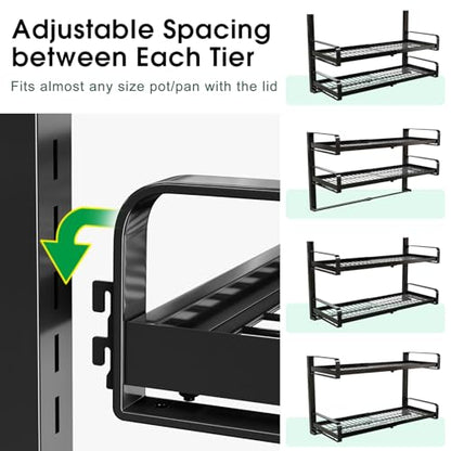 19"- 30" Expandable Hanging Pot Rack, 2 Tier Heavy Duty Wall Mounted Pots and Pans Organizer with 10 Hooks and 5 Pot Lid Holders, Pot Hanger Shelf for Kitchen Cookware Utensils Organizers and Storage