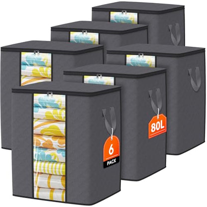 6 Pack Clothes Storage Bags 80L Blanket Storage Containers with Window Grey | Large Comforter Organizer for Closet, Bedding, Quilts, Sheets and Pillows, Foldable Storage Bags for Home Organization