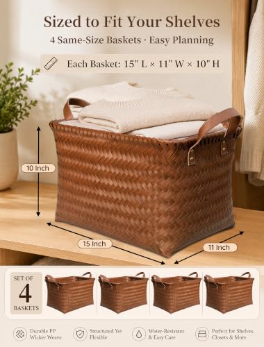 Wicker Storage Baskets, 4 Pack Woven Baskets for Shelves, Brown | PP Rattan, Water-resistant Wicker Basket, Large Baskets with Faux Leather Handles for Blanket, Laundry Organizer, Room Decor