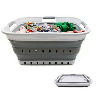 SAMMART 42L (11 gallon) Collapsible Plastic Laundry Basket - Foldable Pop Up Storage Container/Organizer - Space Saving Hamper/Basket (1, White/Grey)