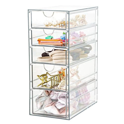 Plastic Drawer Storage with 5 Different Sizes Drawers, Clear Light Gray Hair Accessories Organizer, Transparent Dresser Bathroom Organizer