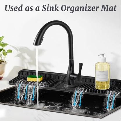 PoYang 24 Inch Faucet Mat for Kitchen Sink Splash Guard, Silicone, Black | Sink Protectors with 7° Slope for Smooth Drainage, Snap Button Holds It in Place, 90° Foldable & Cuttable Hole Fit Most Sinks