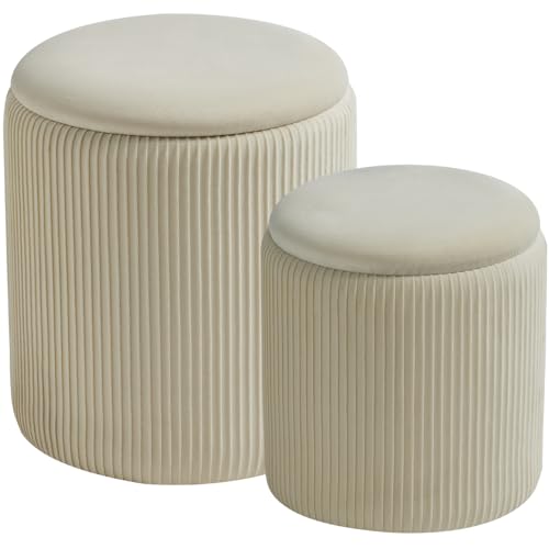 Set of 2 Round Storage Ottoman, White Velvet Ottom... (Cream | Velvet)