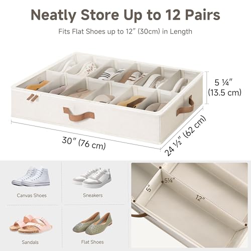 StorageWorks 2-Pack 24-Pair Under Bed Shoe Storage Organizer, Beige | Adjustable Dividers, Up to 12 Pairs Each, 5.25" Height, Fits 6-inch+ Clearance, Clear Top, Soft Handles, For Closet, Bedroom