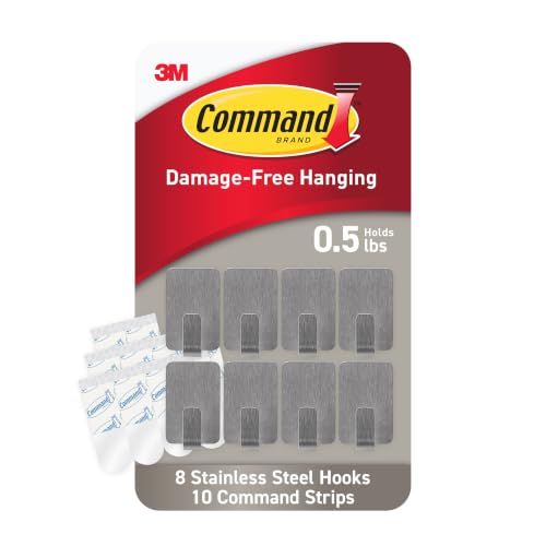 Command Small Stainless Steel Hooks, 8 Hooks, 10 Strips | Damage-Free Hanging with Adhesive, Heavy Duty Hanging Great for Home and Room Decor, Holds up to 0.5 lb