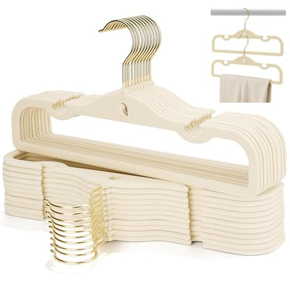 Velvet Pants Hangers 20 Pack Velvet Hangers,Pant Hangers,Non Slip Fabric with Stackable Cascading Hook,Suit for Pants,Jeans,Scarf,Towels,Tank Top,Coat（Beige）