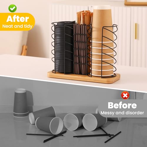 Coffee Station Organizer for Countertop, Cup and Lid Organizer with Straw Holder, 3 Section Disposable Cup Dispenser Rack with Bamboo Base for Office, Cafe, Kitchen, Break Room