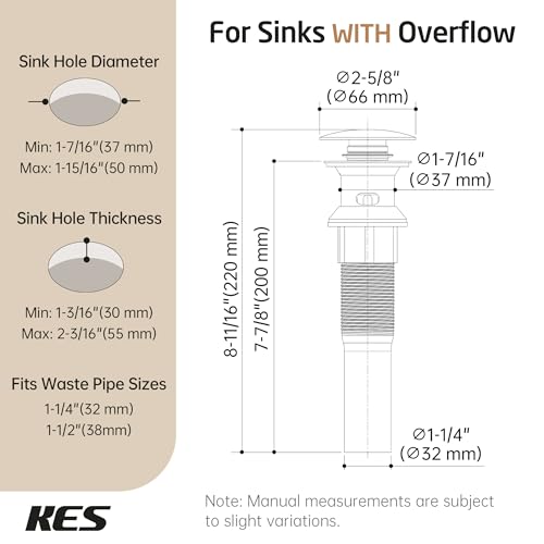 KES All Metal Bathroom Sink Drain with Strainer Basket Hair Catcher Anti Clog Pop Up Drain Stopper for Lavatory Vanity Vessel Sink with Overflow, Rustproof 18/8 Stainless Steel Matte Black S2013A-BK