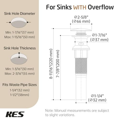 KES All Metal Bathroom Sink Drain with Strainer Basket Hair Catcher Anti Clog Pop Up Drain Stopper for Lavatory Vanity Vessel Sink with Overflow, Rustproof 18/8 Stainless Steel Matte Black S2013A-BK