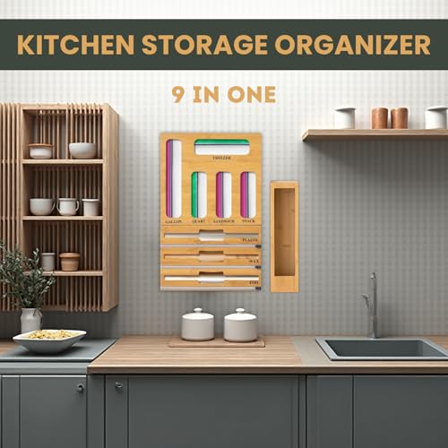 KALUHA Bamboo Food Storage Bag Organizer 9-in-1 | Gallon Quart Sandwich Snack Bag Holder for Kitchen Drawer | Aluminum Foil Plastic Wrap Wax Paper Dispenser | Kitchen Cabinet Storage Organization
