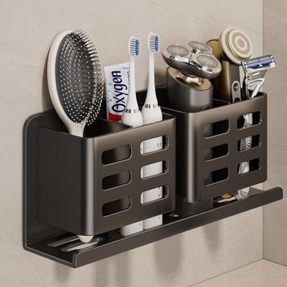 Aluminum Toothbrush Holder， Wall-Mounted，Bathroom Rack，4 Slot，Black | Bracket Shower Toothbrush Razor Holder Suitable for Toothbrush, Toothpaste, Razor and Comb etc Bathroom Storage