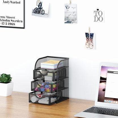 EasyPAG Mesh Desk Organizer with 3 Drawer Office Desktop Organizers and Accessories Stationery Caddy for Office, Home, Students, Black