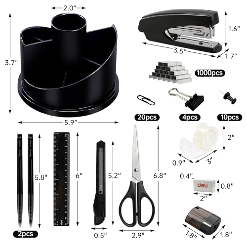deli Office Supplies Set, Desk Accessory Organizer Kit, Black | Stationary Set, Desk Supplies with Rotating Multi-Functional Pen Holder &Stapler Set for Office, School, Home