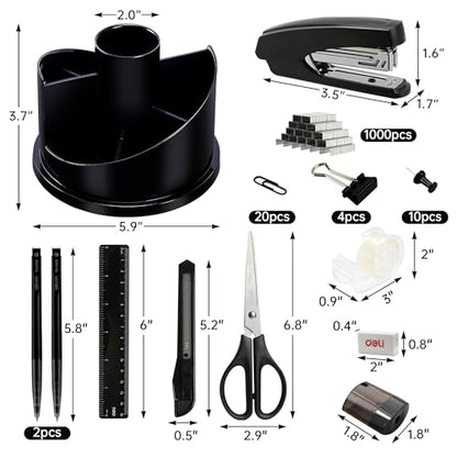 deli Office Supplies Set, Desk Accessory Organizer Kit, Black | Stationary Set, Desk Supplies with Rotating Multi-Functional Pen Holder &Stapler Set for Office, School, Home