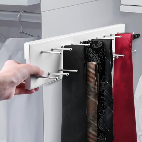 Pull Out Tie Rack for Closet, Wood Sliding Belt Rack with 21 Tie Hanger | Side Mounted Slide Out Tie Rack Belt Hanger Rail Organizer Storage Scarf Holder for Ties Scarves Belts Shawls, White
