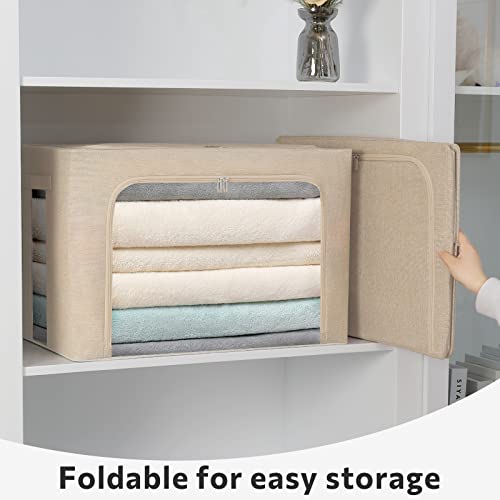 FHSQX 2 Pack Clothes Storage Bins with Metal Frame, Beige, 15.7x11.8x11.7 Inch