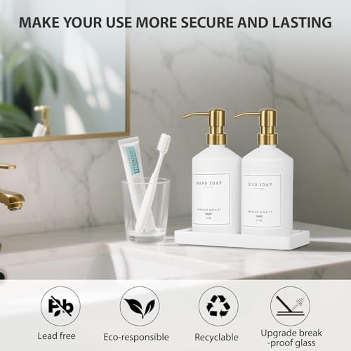 Gold Soap Dispenser Set, Glass Hand and Dish Soap Dispenser Set with Tray,Stainless Pump,14 Stickers for Kitchen,Bathroom Soap and Lotion Dispenser,Modern Counter Decor (White Bottle/Gold Pump)