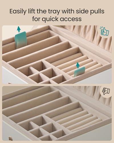 SONGMICS 2-Layer Jewelry Box Organizer, Jewelry Storage Case with Removable Tray and Handle, for Necklaces, Earrings, Rings, Bracelets, 6.7 x 8.1 x 3.7 Inches, Gift Idea, Cream White UJBC208WD01