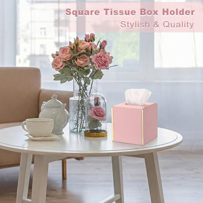 Sumnacon PU Square Tissue Box Cover, Magnetic Bottom, Waterproof, Pink | Stylish Cube Tissue Box Holder with Gold Edging Fits Vanity, Toilet Tank, Dresser, Nightstand, Table, Countertop, Office, Car