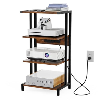 X-cosrack 16.5" Game Console Shelf, Small 4-Tier Video Gaming Consoles Stand with Outlet, Narrow Stereo Cabinet AV Media Stand, Corner Audio Rack for PS5,Xbox,Game Console,TV Box,WiFi Router
