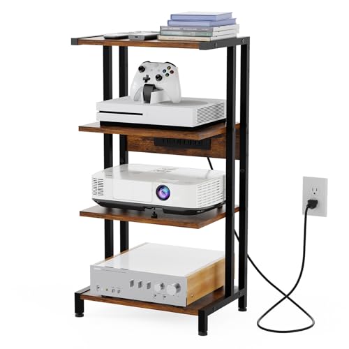 X-cosrack 16.5" Game Console Shelf, Small 4-Tier Video Gaming Consoles Stand with Outlet, Narrow Stereo Cabinet AV Media Stand, Corner Audio Rack for PS5,Xbox,Game Console,TV Box,WiFi Router