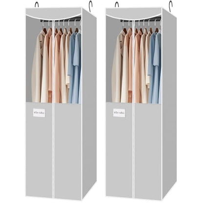 STO STO 2 Pack Garment Bag for Hanging Clothes Closet, Hanging Garment Cover with Built-in Steel Hanging Rod, Hanging Wardrobe Storage Bag for Suit, Dress with Clear Window, Zipper, ID Card, Gray