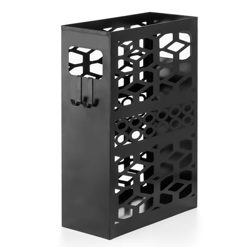 Rectangle Metal Umbrella Stand with 2 Hooks, Entryway Umbrella Holder & Walking Cane Storage, Umbrella Organizer Freestanding for Home, Office, Hotel, Black