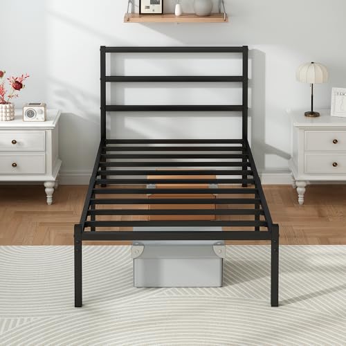 Twin Bed Frames with Headboard and Footboard, 14 Inch Metal Platform Twin Size Bed Frame with Steel Slat Support, No Box Spring Needed, Noise Free, Easy Assembly, Black