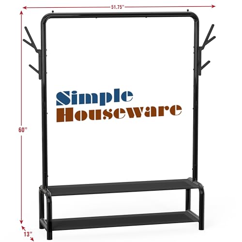 Simple Houseware 52" W Freestanding Closet Garment Rack with Shelves, Black | With 600D Fabric Shelves, Hanger Stoppers, and Hooks for Coat & Hat