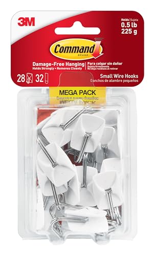 Command Small White Wire Hooks, 28 Hooks, 32 Strips | Damage-Free Hanging with Adhesive No Tools Wall Hooks for Hanging Decorations in Living Spaces, Holds up 0.5 lb