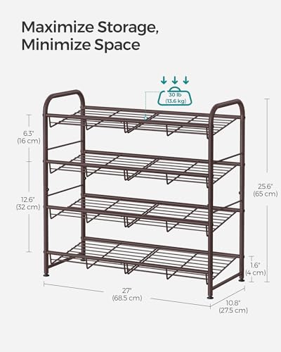 SONGMICS Stackable Shoe Rack, 4 Tier Metal Shoes Rack Storage Shelf, Holds up to 16 Pairs Shoes, Adjustable Slanted Shelves Tower Organizer for Closet Entryway Small Spaces, Bronze