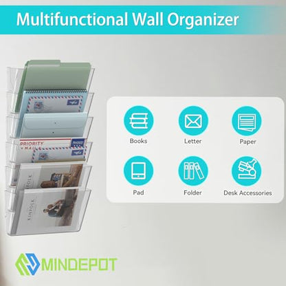 MINDEPOT 6 Pockets Acrylic Wall File Organizer Clear File Holder for Office | Acrylic Wall File Organizer Clear File Holder for Office