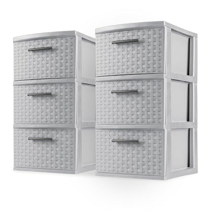 Sterilite 2-Pack 3-Drawer Weave Tower, Medium Storage Closet Organizer, Cement - Plastic Drawers and Containers for Bedroom, Cabinet, Clothes, Dresser, and Kitchen Pantry Organization