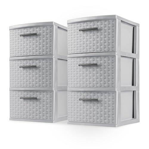 Sterilite 2-Pack 3-Drawer Weave Tower, Medium Storage Closet Organizer, Cement - Plastic Drawers and Containers for Bedroom, Cabinet, Clothes, Dresser, and Kitchen Pantry Organization