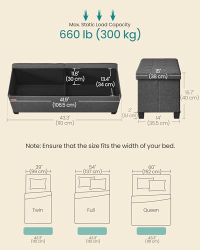 SONGMICS Storage Ottoman Bench with Legs, Folding Ottoman Foot Rest with Flipping Lid, Bench with Storage, for Living Room, Bedroom, Entryway, Linen-Look Fabric, 43.3 Inches, Slate Gray ULSF079GN01
