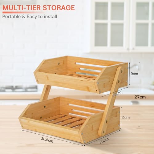 G.a HOMEFAVOR 2-Tier Bamboo Fruit Basket for Kitchen Counter, Self-assembly | Large Fruit Bowl, Vegetable Storage Stand for Fruit Shop, 15 mm Thickness