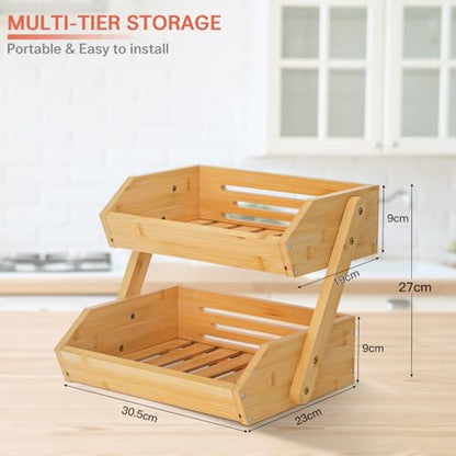 G.a HOMEFAVOR 2-Tier Bamboo Fruit Basket for Kitchen Counter, Self-assembly | Large Fruit Bowl, Vegetable Storage Stand for Fruit Shop, 15 mm Thickness