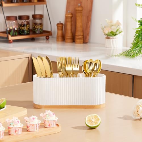 HouseJoy White Countertop Silverware Holder: Cutlery Caddy w/3 Compartment | Large Size-Easy Clean-Anti-slip-Kitchen Utensil Holder-Ideal for Fork/Spoon/Knife/Pen Pencil-Silverware Caddy Organizer