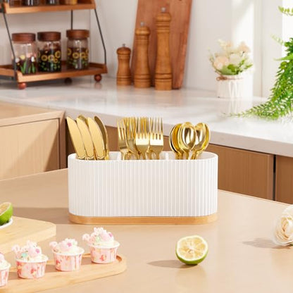 HouseJoy White Countertop Silverware Holder: Cutlery Caddy w/3 Compartment | Large Size-Easy Clean-Anti-slip-Kitchen Utensil Holder-Ideal for Fork/Spoon/Knife/Pen Pencil-Silverware Caddy Organizer
