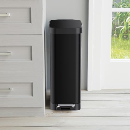 Glad Slim Trash Can with Clorox Odor Protection - Narrow Kitchen Garbage Bin with Soft Close Lid, Step On Foot Pedal and Waste Bag Roll Holder, Black, 12 Gallon/45 Liter