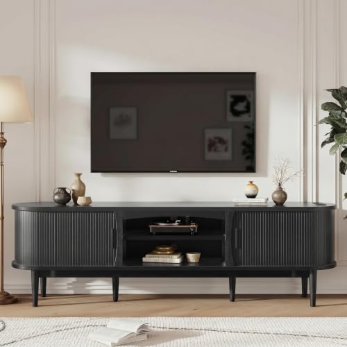 Decofy Mid Century TV Stand for TVs up to 90 Inches, Entertainment Center with Storage, Power Outlet, Fluted Sliding Doors & Adjustable Shelves, Modern Media TV Console Table for Living Room (Black)