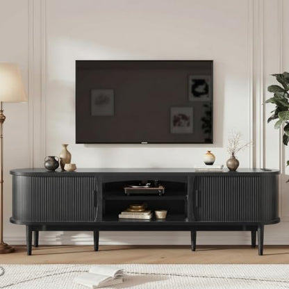 Decofy Mid Century TV Stand for TVs up to 90 Inches, Entertainment Center with Storage, Power Outlet, Fluted Sliding Doors & Adjustable Shelves, Modern Media TV Console Table for Living Room (Black)