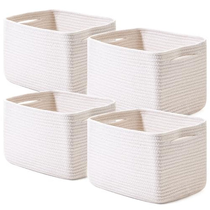 Storage Baskets for Organizing 12.5"x9.1"x7.9" (4 Packs) Off White | Storage Bin for Shelves, Woven Cotton Rope Basket with Handles for Bedroom Living Room Nursery Bathroom